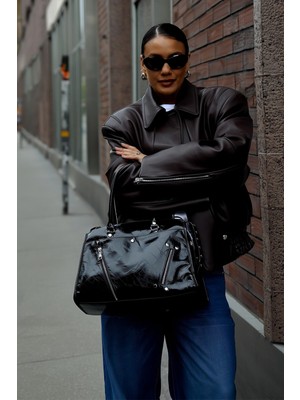 Bahels Kadın Zımba Siyah Deri Büyük Boy Omuz Çantası