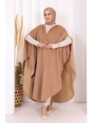 Bym Fashion Foks Kumaş Kapşonlu Panço 70130 Vizon