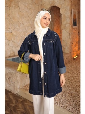 İmaj Butik Lacivert Inci Işlemeli Kot Ceket