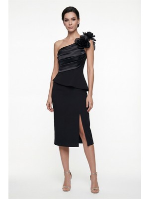 Lafaba Kadın Siyah Çiçek Detaylı Midi Söz Nişan Nikah Abiye Elbise