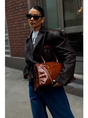 Bahels Kadın Zımba Taba Deri Büyük Boy Omuz Çantası