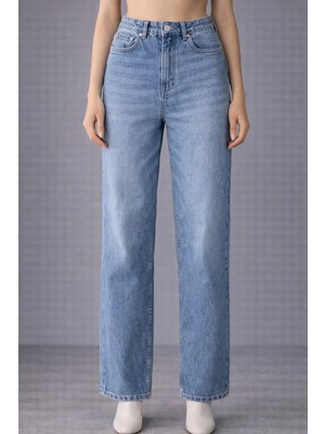 İnce Moda Giyim Yüksek Bel Açık Mavi Straight Fit Kadın Jean Pantolon