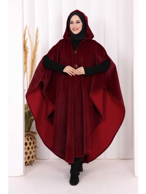 Bym Fashion Foks Kumaş Kapşonlu Panço 70130 Bordo