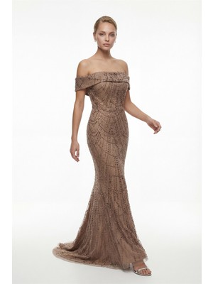 Lafaba Kadın Vizon Kayık Yaka Boncuklu Uzun Abiye Elbise