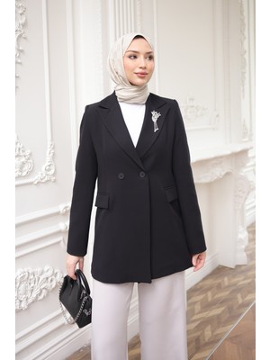 İmaj Butik Siyah Kravuze Yaka Broş Detaylı Astarlı Ceket
