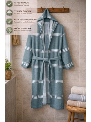 CES STORE %100 Pamuk Unisex Kapüşonlu Pestemal Bornoz – Hafif, Yumuşak Dokulu, Hızlı Kuruyan ve Yüksek Emici Banyo Bornozu