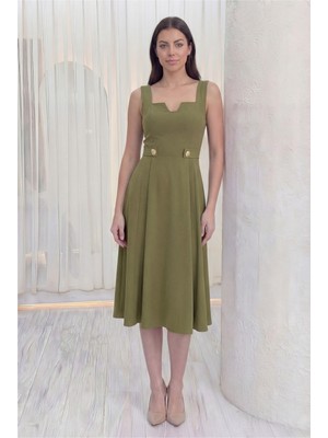 Zks Grup Tekstil-Kadın Kare Yaka Düğme Detaylı Midi Boy Elbise Lila, Haki, Siyah, Bordo