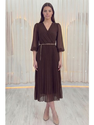 Zks Grup Tekstil-Kadın Kruvaze Yaka Piliseli Kemerli Midi Boy Elbise Siyah, Bordo, Kahverengi