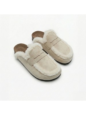 No Miento Alka Kürklü Kadın Vegan Deri  Bej Sabo Terlik