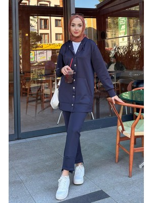 Tesettür Diyarı Kadın Scuba Kumaş Cıt Cıtlı  Kapşonlu Ikili Takım -Lacivert