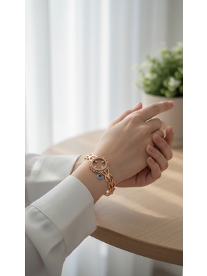 TrendyX Zirkon Taşlı Nazar Boncuklu Çeyrek Takılan Kelepçe - Çelik