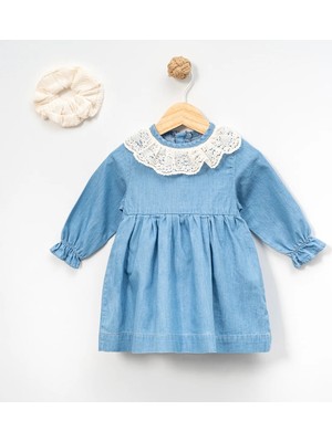 Overdo Kız Bebek 9-24 Ay Yaka Detaylı Tokalı Kot Elbise