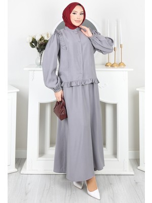 Fırfır Detaylı Düğmeli Etekli Takım Gri