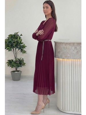 Zks Grup Tekstil-Kadın Kruvaze Yaka Piliseli Kemerli Midi Boy Elbise Siyah, Bordo, Kahverengi