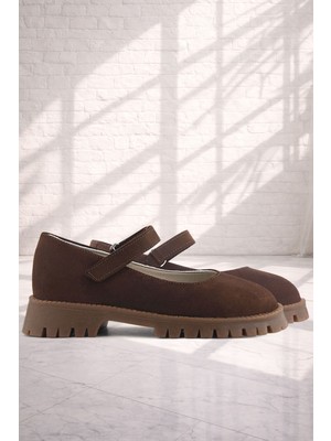 Rakerplus Doğal Gerçek Deri Kahverengi Kız Çocuk Babet Ayakkabı