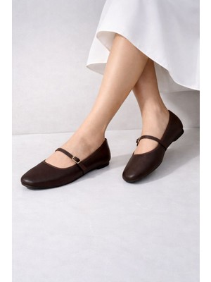 Redtan Kadın Babet Acı Kahve Bantlı Kemerli Hafif Rahat Şık Iş Ofis Günlük Ayakkabı