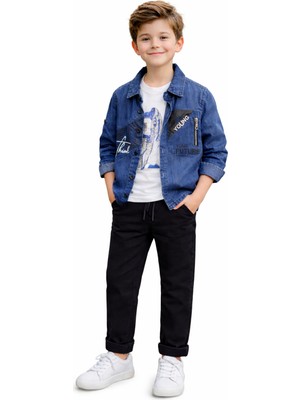 İrem Çocuk Giyim Erkek Çocuk Young Yazılı Düğme Kapamalı Katlamalı Kol Model Gömlek Pantolon Tişört Mavi Üçlü Takım