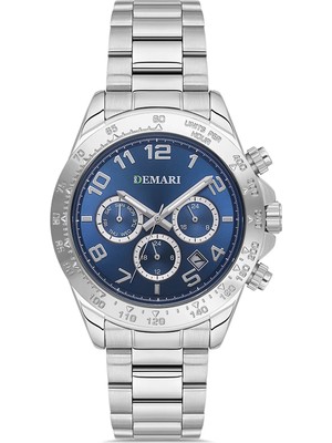 DEMARİ Demari Erkek Kol Saati Quartz Mekanizma Multifunction Gümüş Çelik Kordon Mavi Kadran Tachymeter Bezel – DM-00108G-A3