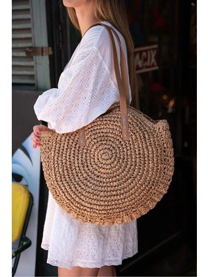 Fashion Cocktail Oval Dairesel Fermuarlı Astarı Cepli Deri Askılı Ithal Tatil Plaj Beach Club Örme Hasır Çanta