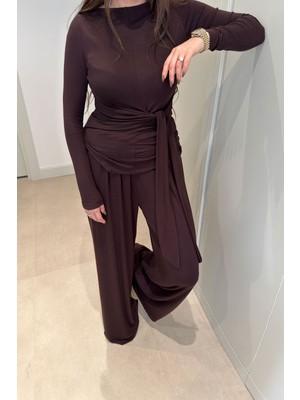 Magarde Premium Seri Tasarım Beli Bağlamalı Takım- Kahverengi