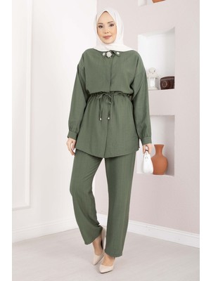 Ns Broş Detaylı Beli Tünelli Tunik Takım Haki