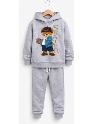 Gri Skater Ayıcık Baskılı Erkek Çocuk Eşofman Takımı