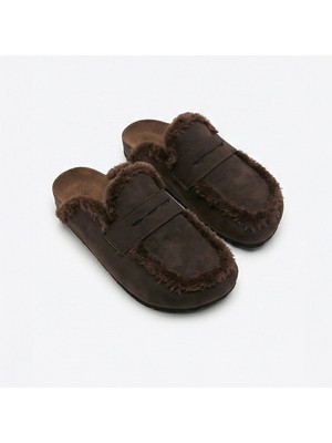 No Miento Alka Kürklü Kadın Vegan Deri  Kahverengi Sabo Terlik