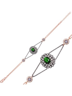 Fm Gümüş Rose Yeşil Taşlı Otantik Bayan Bileklik