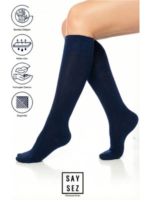 Saysez Bambu Kadın Dizaltı Düz Lacivert Yumuşak Uzun Dikişsiz Çorap / Pantolon Çorabı / Teni Göstermeyen