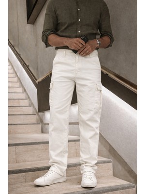 Comstar Erkek Yüksek Bel Bol Paça Beyaz Kargo Baggy Pantolon