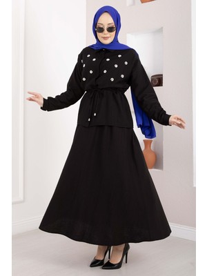 Ns Taş İşlemeli Beli Tünelli Etekli Takım Siyah