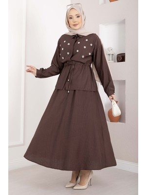 Ns Taş İşlemeli Beli Tünelli Etekli Takım Kahve