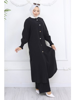 HL Kolları Gipeli Düğmeli Tunik Takım Siyah