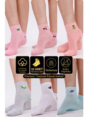 Desing Socks Premium Pamuklu Yumuşak ve Kokulu 12\'li Meyve Desenli Bilek Kadın Çorap Seti - Nefes Alan Yapı