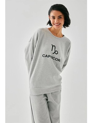 Beruflic Kadın Gri Oğlak Burcu Oversize 2 Iplik Eşofman Ev Giyim Takımı