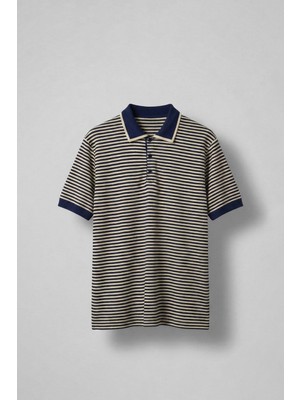 Abluka Online Erkek Regular Fit Çizgili Polo Yaka Örme T-Shirt Lacivert