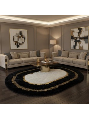 Decomarie Siyah Zeminli Beyaz Merkezli Altın Motif Bordürlü Oval Peluş Halı