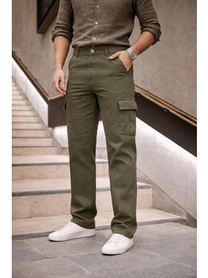 Comstar Erkek Yüksek Bel Bol Paça Haki Kargo Baggy Pantolon