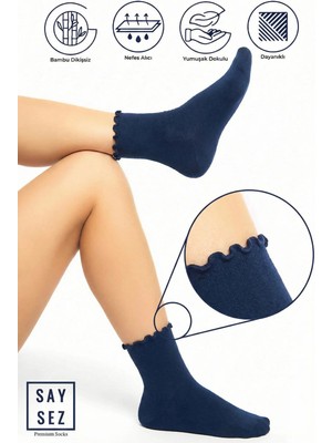 Saysez Bambu Kadın Lastiksiz Lacivert Fırfırlı Soket Dikişsiz Premium Çorap / Iz Bırakmaz / Sıkmayan Çorap