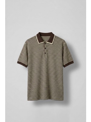 Abluka Online Erkek Regular Fit Çizgili Polo Yaka Örme T-Shirt Kahverengi