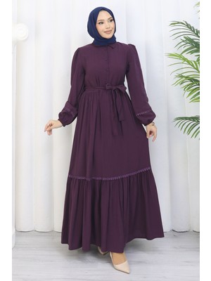 HL Rose Kuşaklı Yarım Düğmeli Elbise Mürdüm