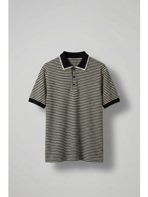 Abluka Online Erkek Regular Fit Çizgili Polo Yaka Örme T-Shirt Siyah
