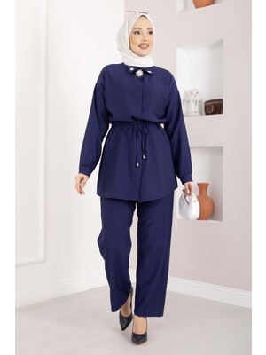 Ns Broş Detaylı Beli Tünelli Tunik Takım Lacivert