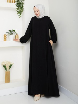 Moda Mevlana Model Medine Ipeği Siyah Ferace 140 cm Boy Gizli Cepli Rahat Kalıp