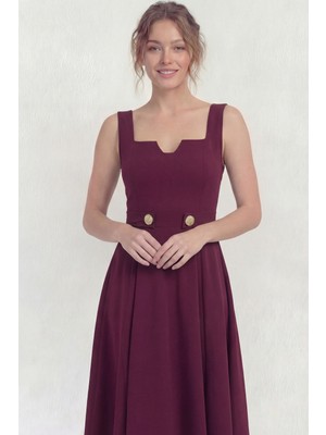 The Zks-Kadın Kare Yaka Düğme Detaylı Midi Boy Elbise Lila, Haki, Siyah, Bordo