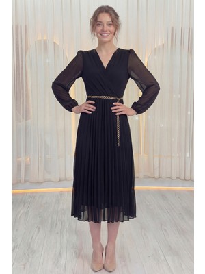 The Zks-Kadın Kruvaze Yaka Piliseli Kemerli Midi Boy Elbise Siyah, Bordo, Kahverengi