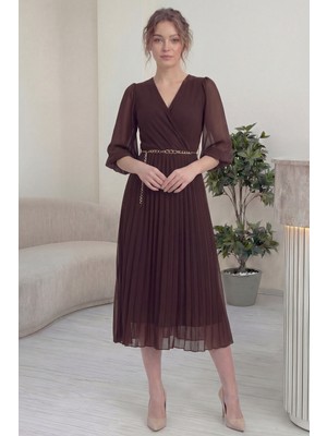 The Zks-Kadın Kruvaze Yaka Piliseli Kemerli Midi Boy Elbise Siyah, Bordo, Kahverengi