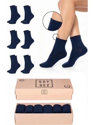 Saysez Bambu Kadın Lastiksiz Lacivert Soket Dikişsiz Premium Çorap Kutulu 6'lı / Iz Bırakmaz / Sıkmaz Çorap