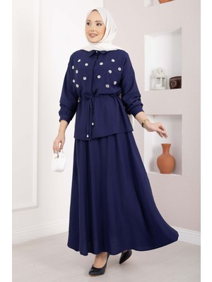 Ns Taş İşlemeli Beli Tünelli Etekli Takım Lacivert