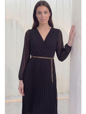 Zks Grup Tekstil-Kadın Kruvaze Yaka Piliseli Kemerli Midi Boy Elbise Siyah, Bordo, Kahverengi